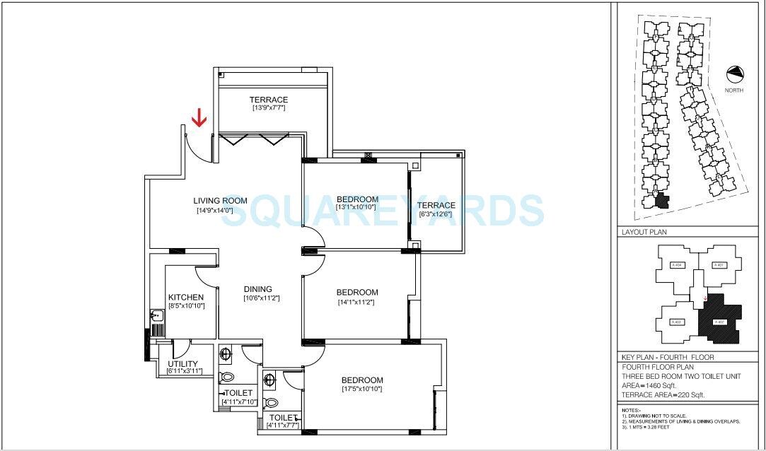 Floor plan of 3 BHK 1460 Sq. Ft. Apartment in Brigade Courtyard, Bangalore