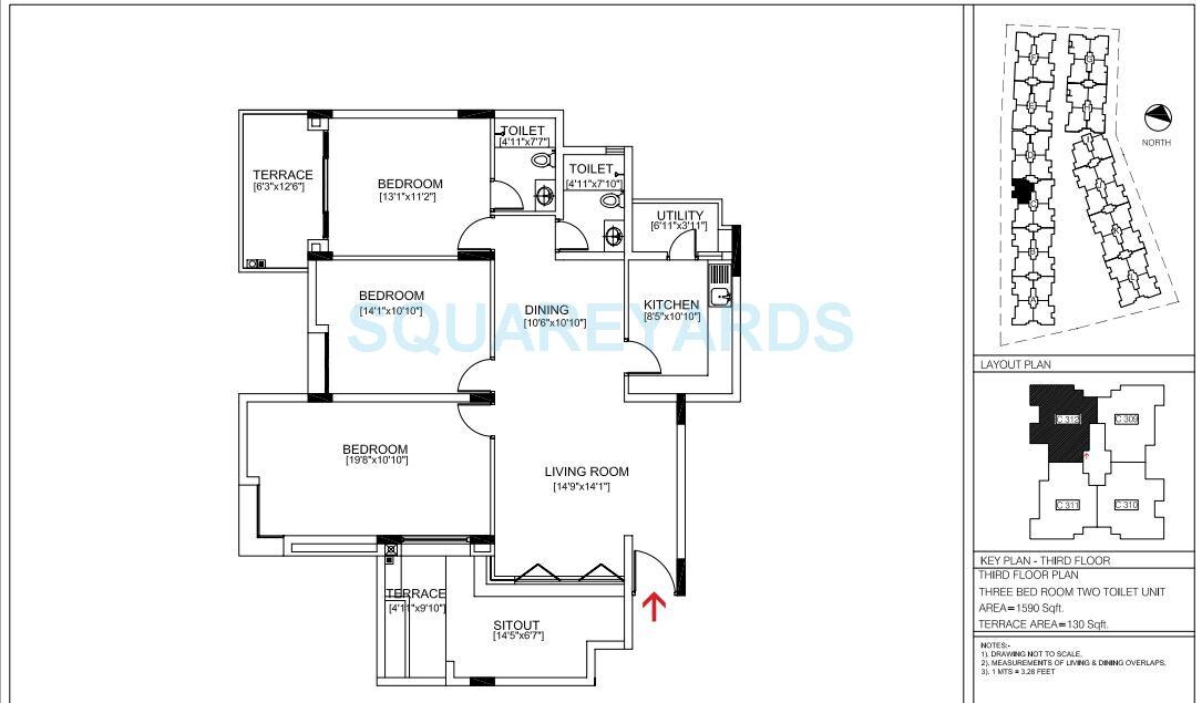 Floor plan of 3 BHK 1590 Sq. Ft. Apartment in Brigade Courtyard, Bangalore