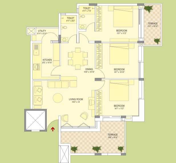 Floor plan of 3 BHK 1750 Sq. Ft. Apartment in Brigade Courtyard, Bangalore