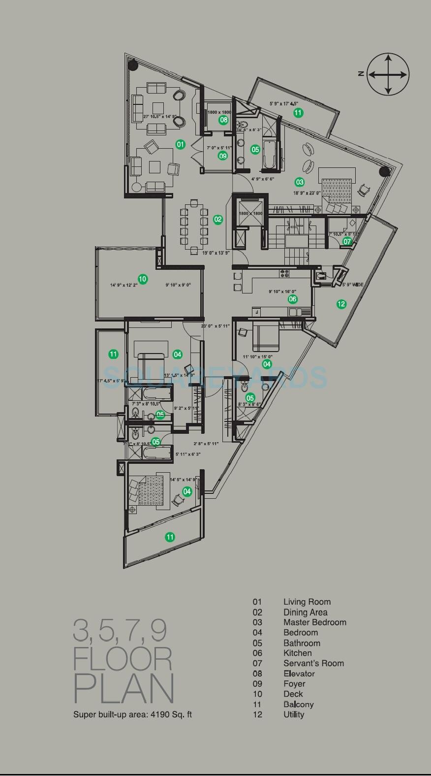 Floor plan of 4 BHK 4190 Sq. Ft. Apartment in Brigade Crescent, Bangalore