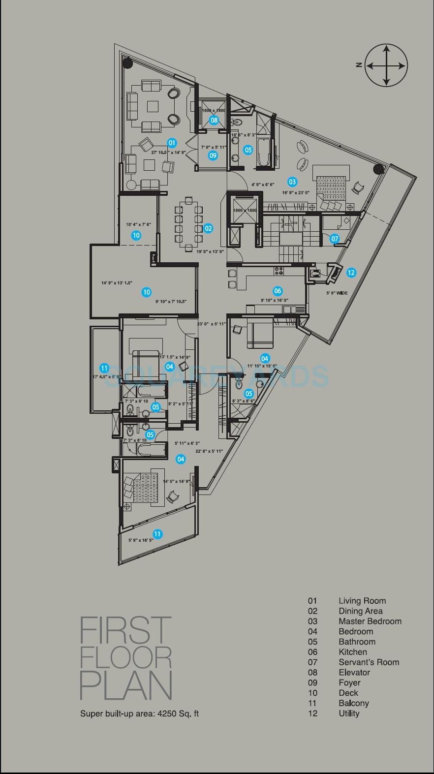 Floor plan of 4 BHK 4250 Sq. Ft. Apartment in Brigade Crescent, Bangalore