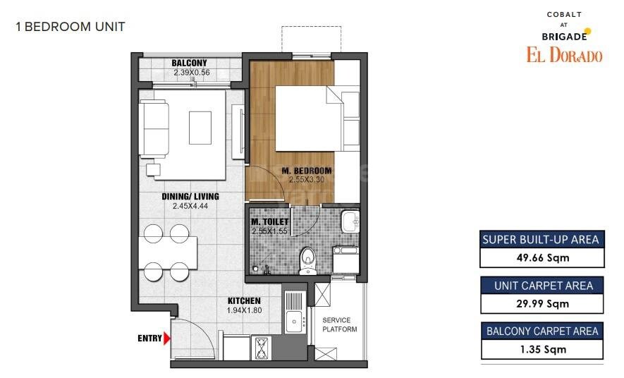  1 BHK Apartment at Brigade El Dorado, Bagaluru – for Rent