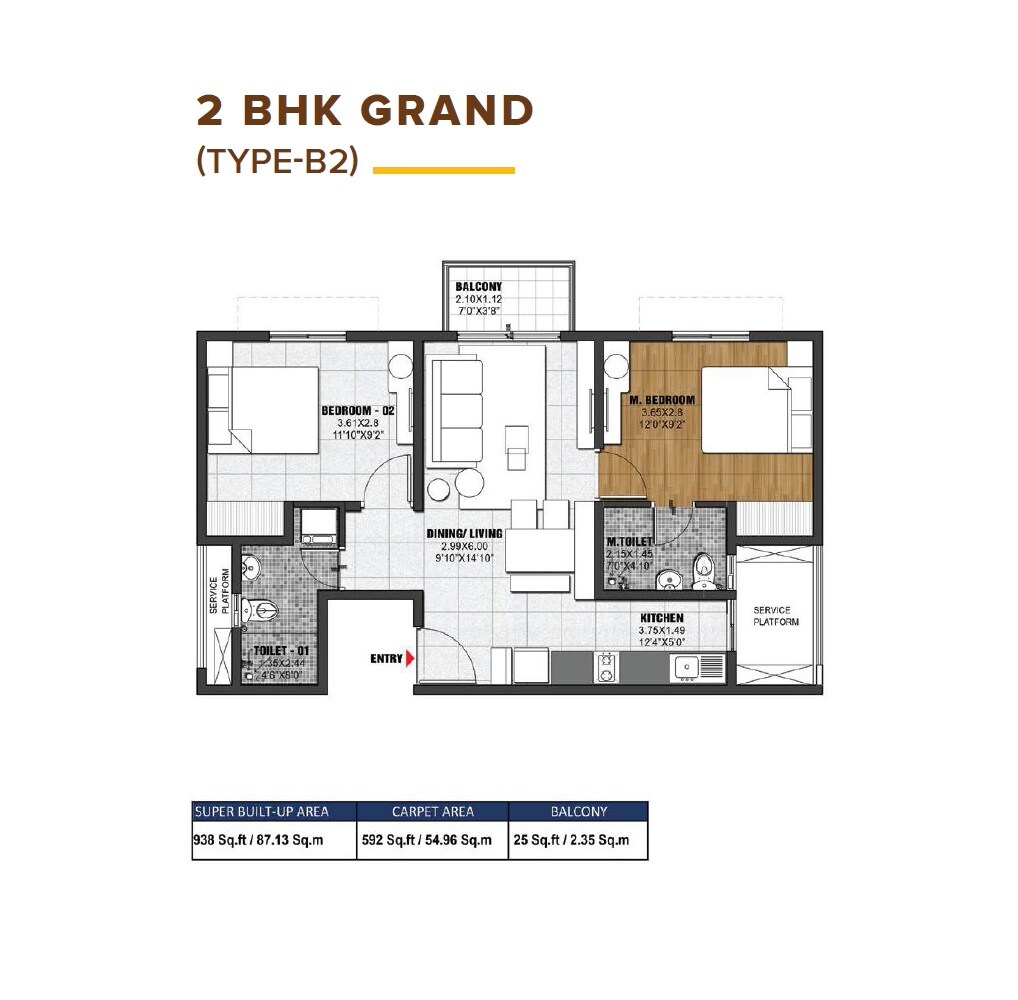 Floor plan of 2 BHK 938 Sq. Ft. Apartment in Brigade El Dorado Emerald And Luminaire, Bangalore