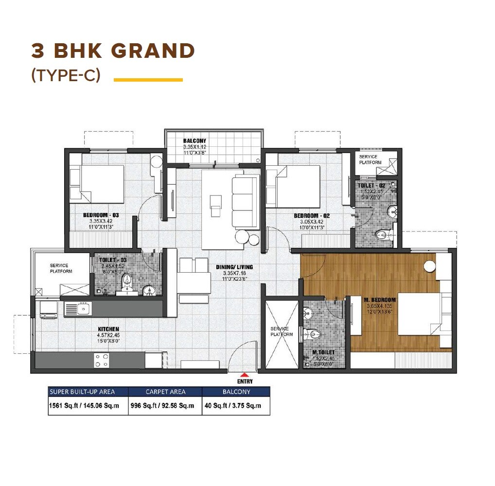 Floor plan of 3 BHK 1561 Sq. Ft. Apartment in Brigade El Dorado Emerald And Luminaire, Bangalore