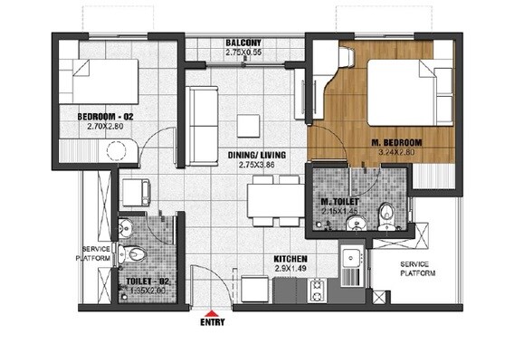 Floor plan of 2 BHK 466 Sq. Ft. Apartment in Brigade El Dorado Feldspar, Bangalore