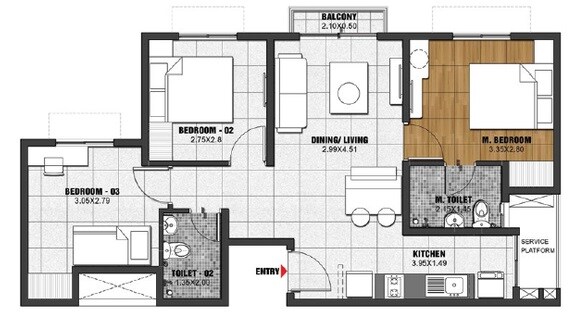 Floor plan of 3 BHK 628 Sq. Ft. Apartment in Brigade El Dorado Feldspar, Bangalore