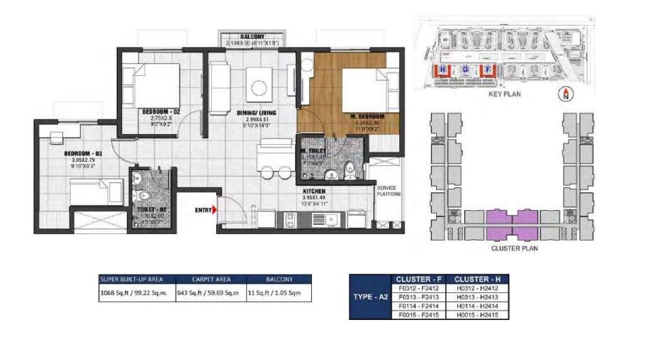 Floor plan of 3 BHK 643 Sq. Ft. Apartment in Brigade El Dorado Feldspar, Bangalore