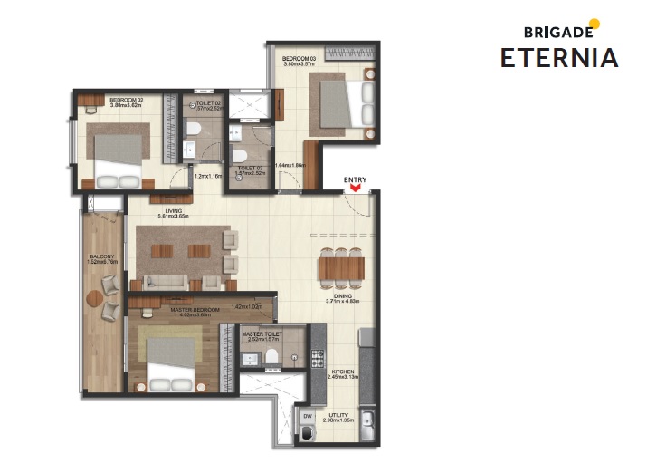 3 BHK 1620 Sq. Ft. Apartment in Brigade Eternia