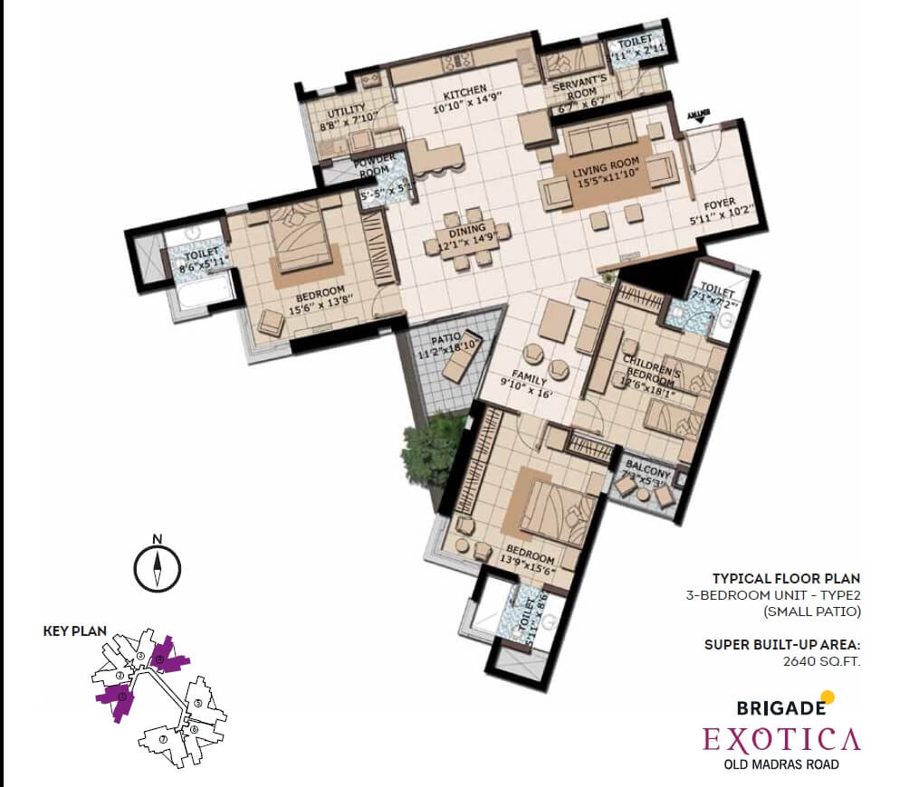 Floor plan of 3 BHK 2640 Sq. Ft. Apartment in Brigade Exotica, Bangalore