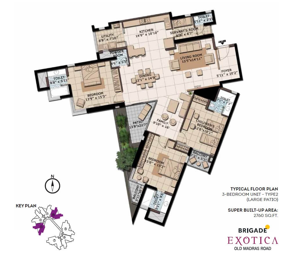 Floor plan of 3 BHK 2760 Sq. Ft. Apartment in Brigade Exotica, Bangalore