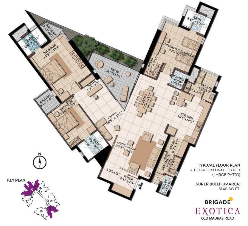 Floor plan of 3 BHK 3140 Sq. Ft. Apartment in Brigade Exotica, Bangalore