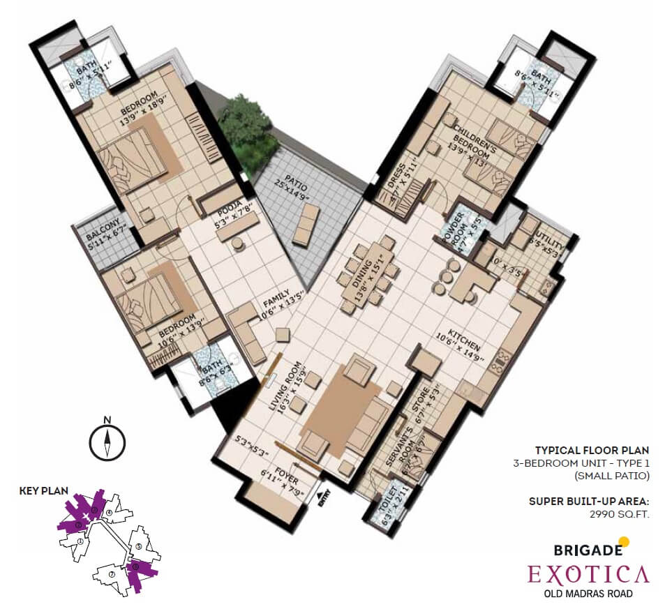 Floor plan of 3 BHK 2990 Sq. Ft. Apartment in Brigade Exotica, Bangalore