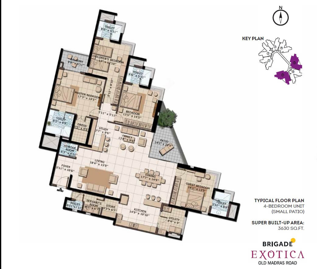 Floor plan of 4 BHK 3630 Sq. Ft. Apartment in Brigade Exotica, Bangalore