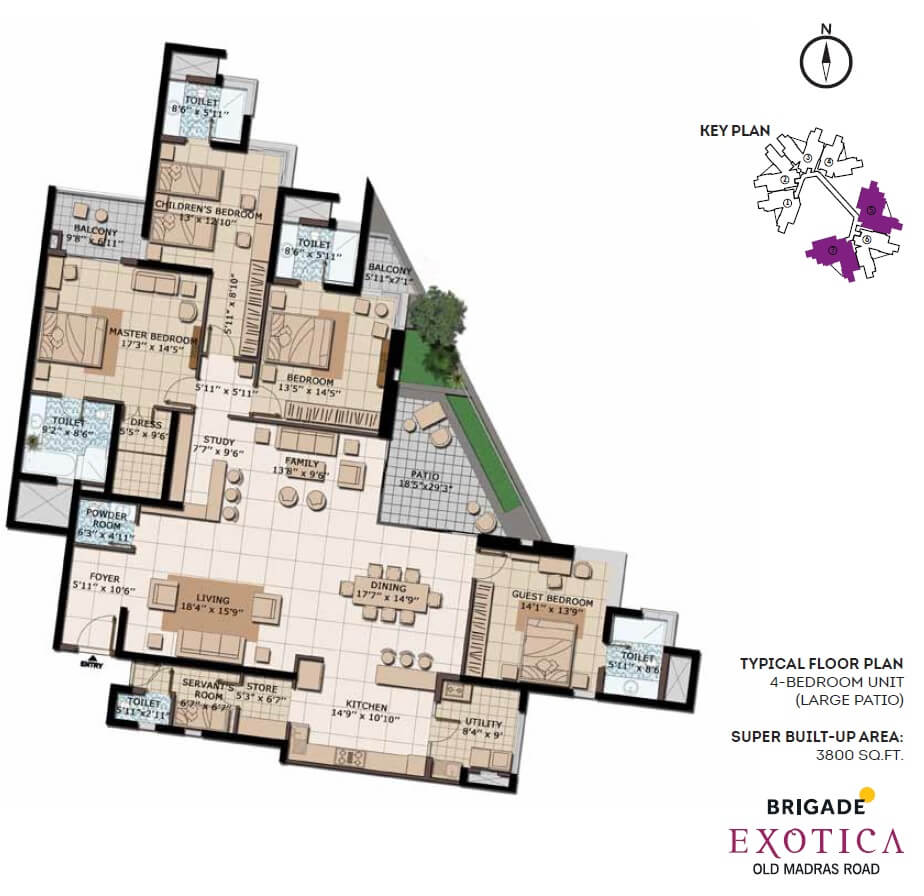 Floor plan of 4 BHK 3800 Sq. Ft. Apartment in Brigade Exotica, Bangalore