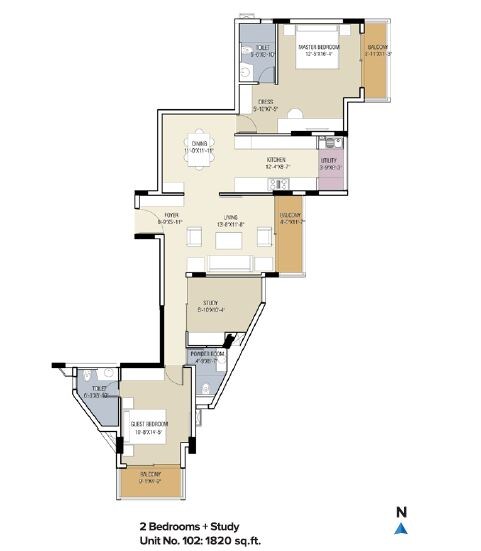 Floor plan of 3 BHK 1820 Sq. Ft. Apartment in Brigade Gardenia Annexe, Bangalore