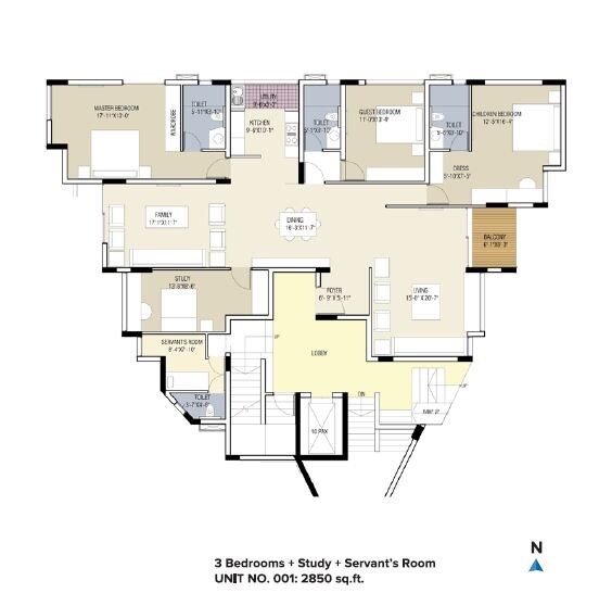 Floor plan of 3 BHK 2850 Sq. Ft. Apartment in Brigade Gardenia Annexe, Bangalore