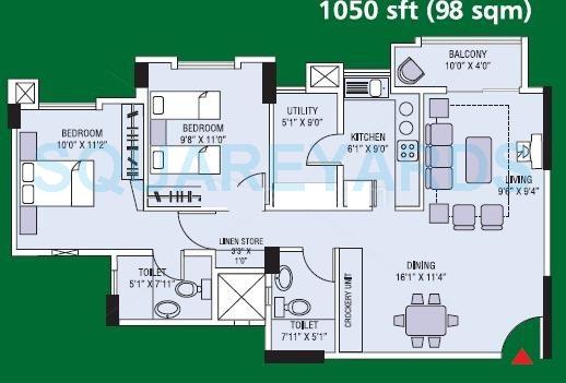 Floor plan of 2 BHK 1050 Sq. Ft. Apartment in Brigade Gardenia, Bangalore