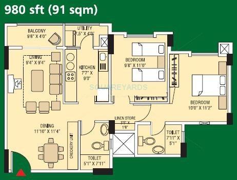Floor plan of 2 BHK 980 Sq. Ft. Apartment in Brigade Gardenia, Bangalore