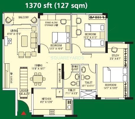 Floor plan of 3 BHK 1370 Sq. Ft. Apartment in Brigade Gardenia, Bangalore