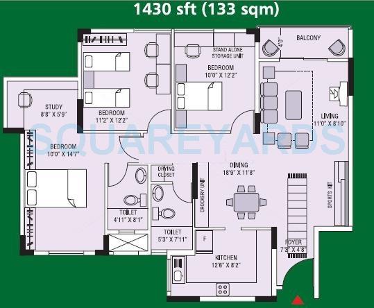 Floor plan of 3 BHK 1430 Sq. Ft. Apartment in Brigade Gardenia, Bangalore