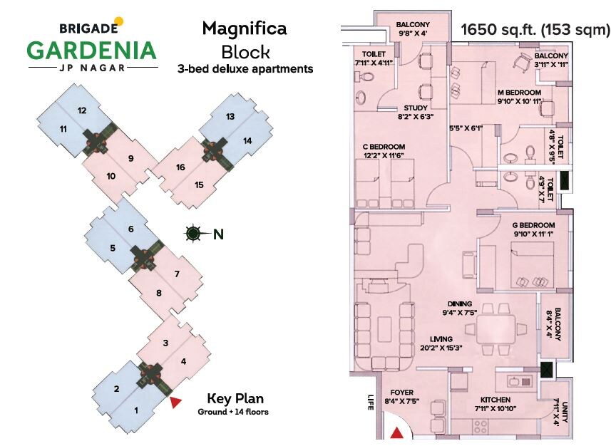 Floor plan of 3 BHK 1650 Sq. Ft. Apartment in Brigade Gardenia, Bangalore