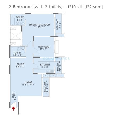 Floor plan of 2 BHK 1310 Sq. Ft. Apartment in Brigade Gateway Enclave, Bangalore