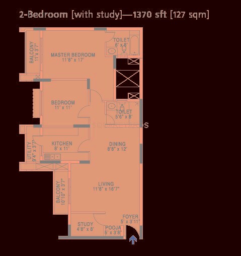 Floor plan of 2 BHK 1370 Sq. Ft. Apartment in Brigade Gateway Enclave, Bangalore