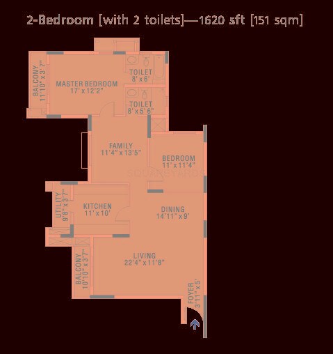 Floor plan of 2 BHK 1620 Sq. Ft. Apartment in Brigade Gateway Enclave, Bangalore