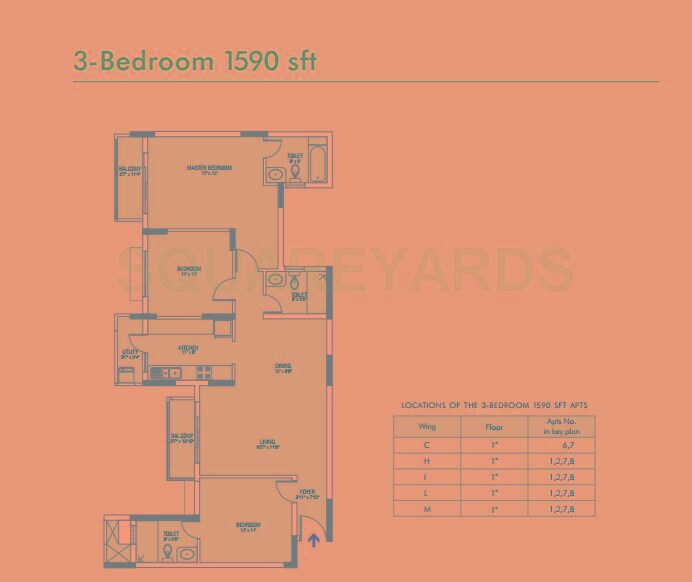Floor plan of 3 BHK 1590 Sq. Ft. Apartment in Brigade Gateway Enclave, Bangalore