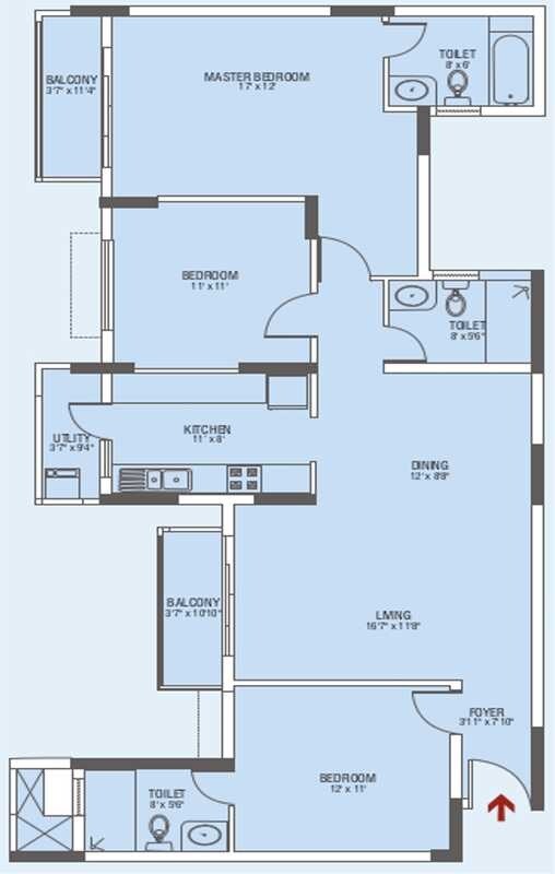 Floor plan of 3 BHK 1720 Sq. Ft. Apartment in Brigade Gateway Enclave, Bangalore