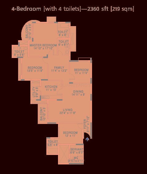 Floor plan of 4 BHK 2360 Sq. Ft. Apartment in Brigade Gateway Enclave, Bangalore