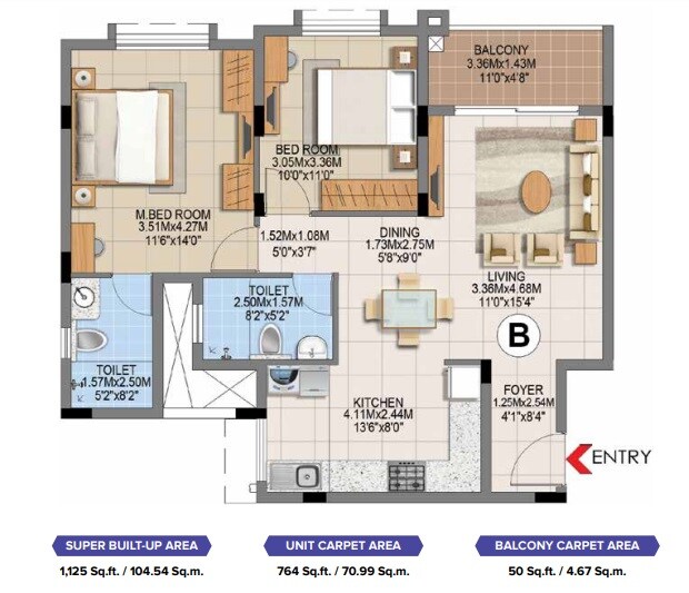 Floor plan of 2 BHK 1125 Sq. Ft. Apartment in Brigade Gem, Bangalore