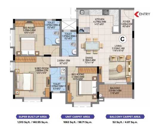 Floor plan of 3 BHK 1513 Sq. Ft. Apartment in Brigade Gem, Bangalore