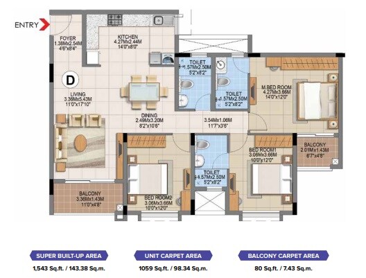 Floor plan of 3 BHK 1543 Sq. Ft. Apartment in Brigade Gem, Bangalore