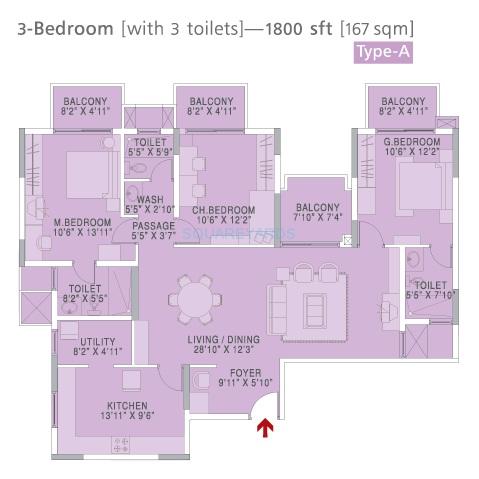 3 BHK 1800 Sq. Ft. Apartment