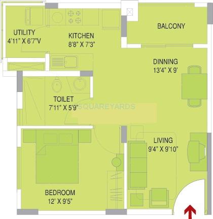 Floor plan of 1 BHK 750 Sq. Ft. Apartment in Brigade Jasmine, Bangalore