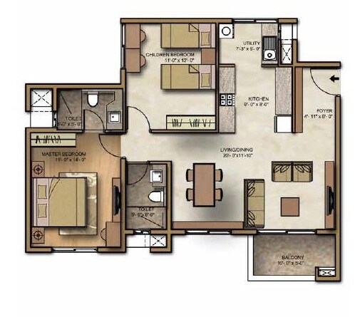 Floor plan of 2 BHK 1010 Sq. Ft. Apartment in Brigade Lakefront Crimson, Bangalore