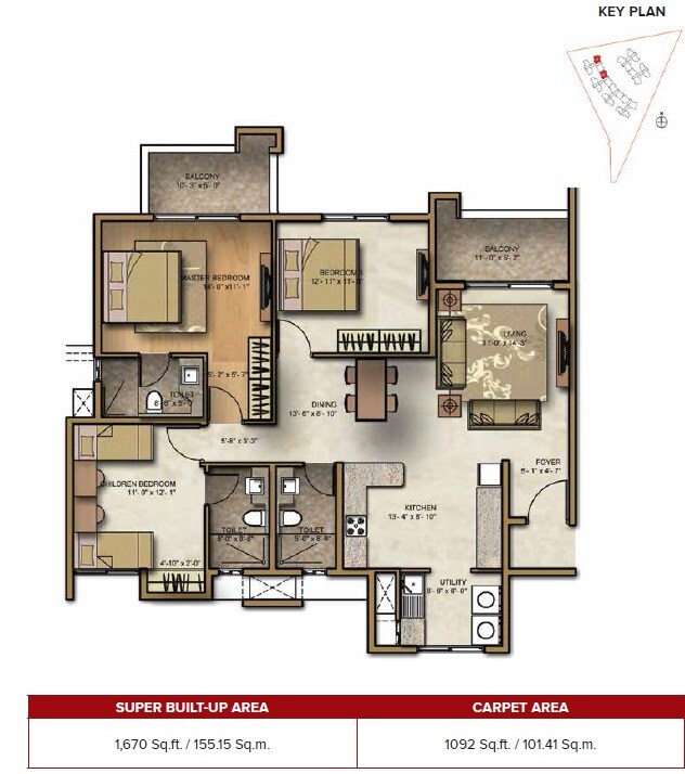 Floor plan of 3 BHK 1670 Sq. Ft. Apartment in Brigade Lakefront Crimson, Bangalore