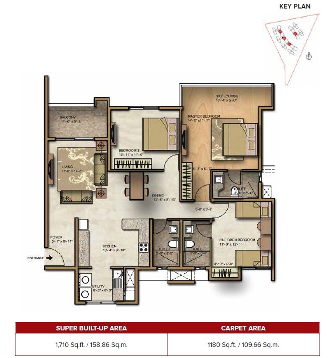 Floor plan of 3 BHK 1710 Sq. Ft. Apartment in Brigade Lakefront Crimson, Bangalore