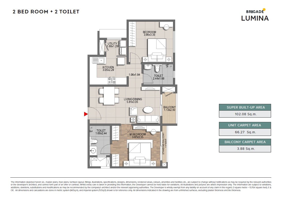 Floor plan of 2 BHK 1098 Sq. Ft. Apartment in Brigade Lumina, Bangalore
