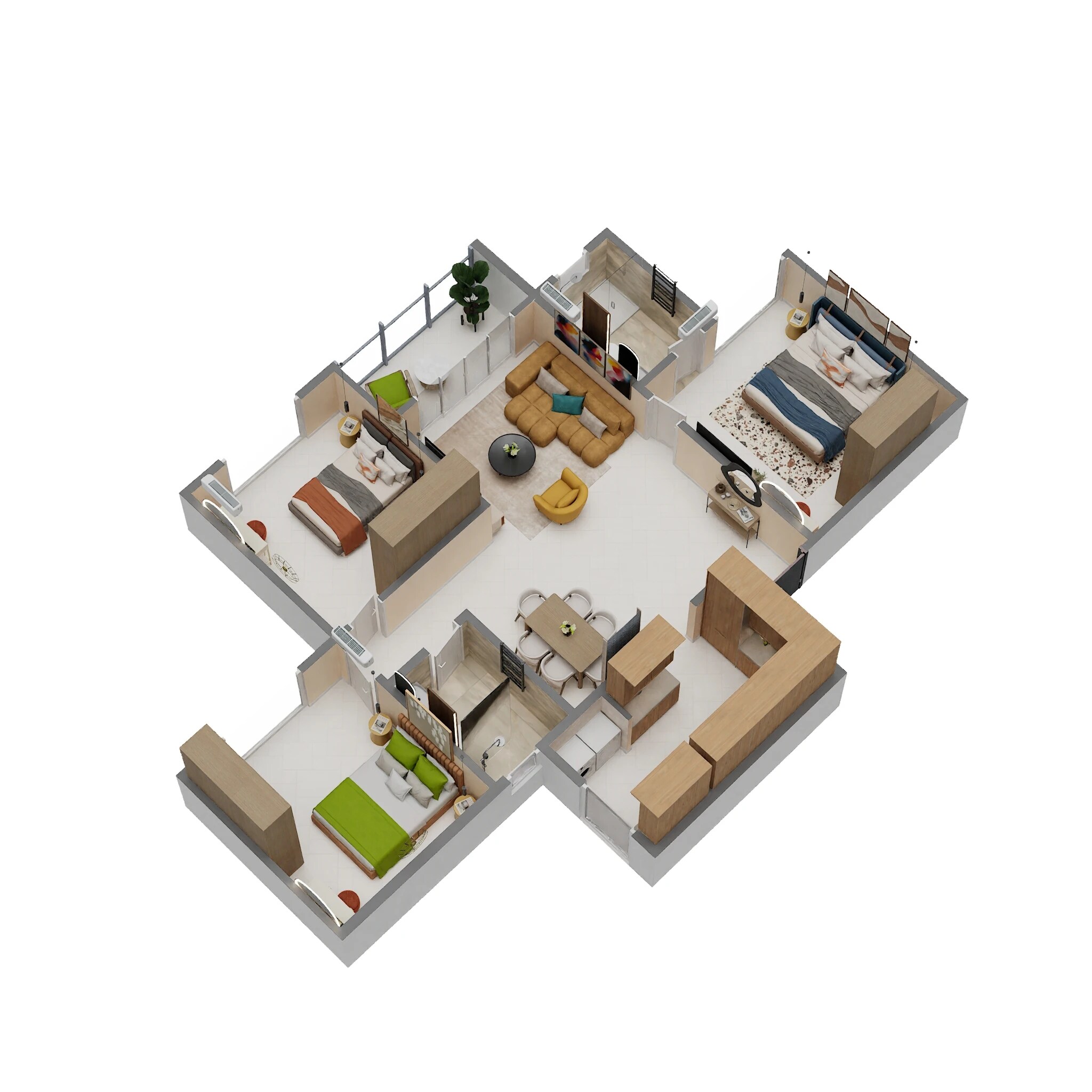 Floor plan of 3 BHK 1481 Sq. Ft. Apartment in Brigade Lumina, Bangalore