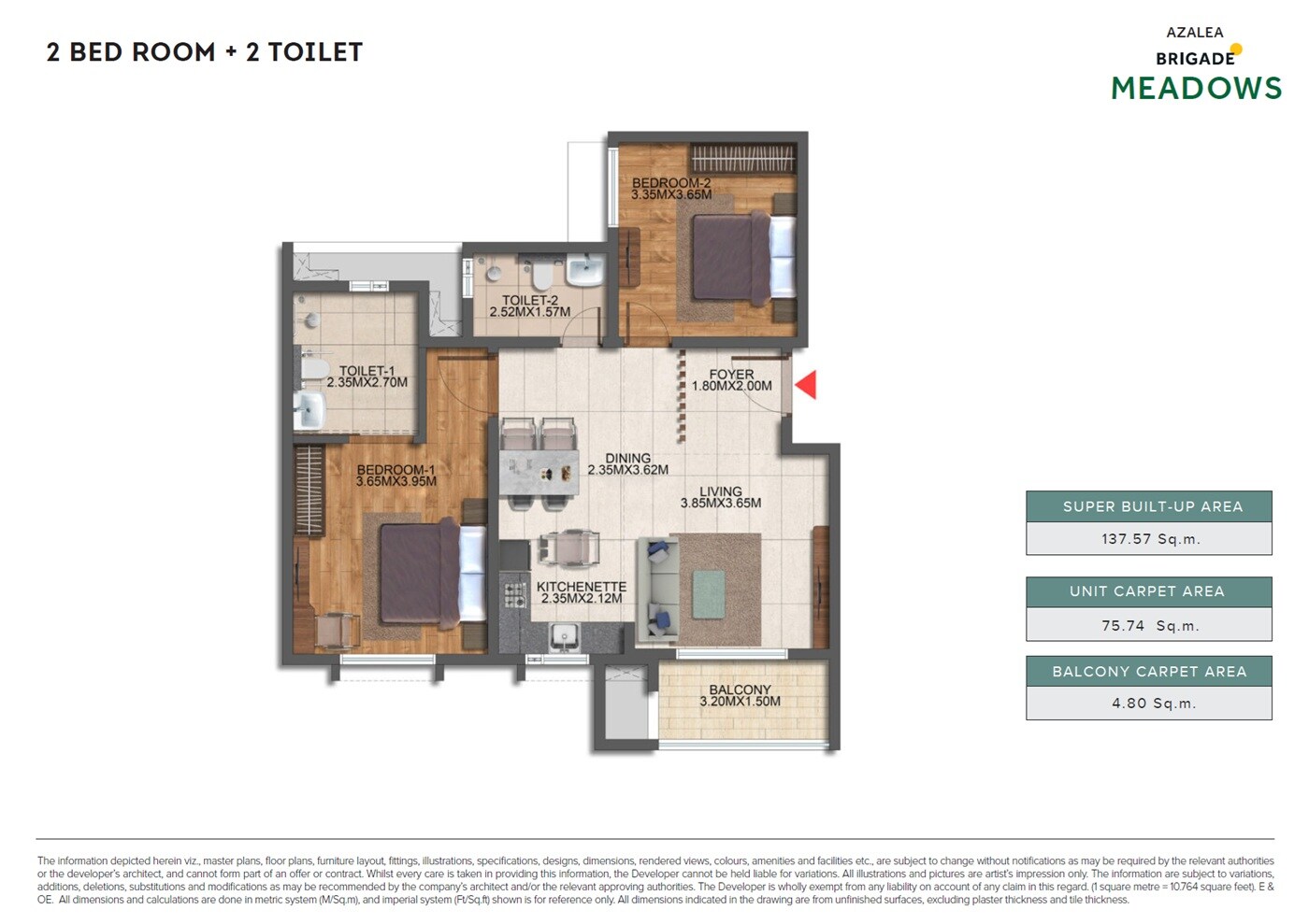 Floor plan of 2 BHK 1480 Sq. Ft. Apartment in Brigade Meadows Azalea, Bangalore