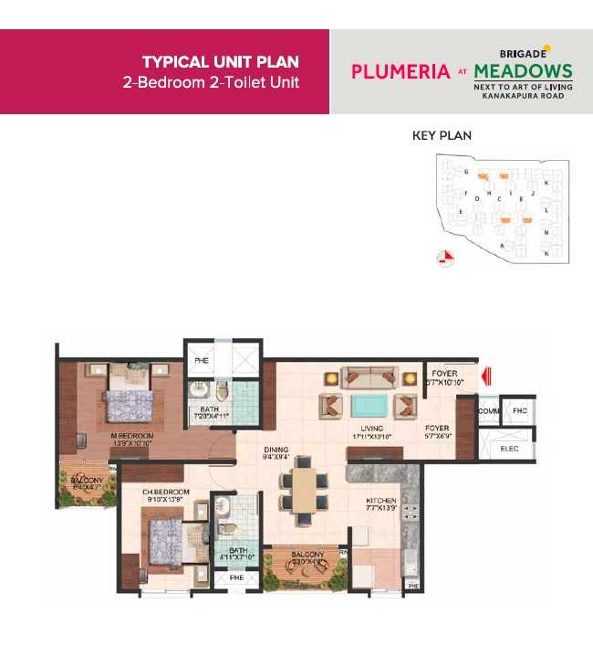 Floor plan of 2 BHK 1110 Sq. Ft. Apartment in Brigade Meadows Plumeria, Bangalore