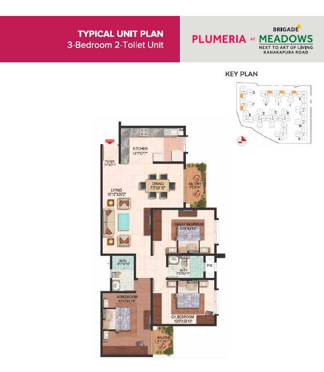 Floor plan of 3 BHK 1630 Sq. Ft. Apartment in Brigade Meadows Plumeria, Bangalore