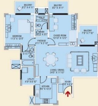 Floor plan of 2 BHK 1310 Sq. Ft. Apartment in Brigade Metropolis, Bangalore