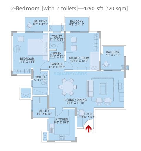 Floor plan of 2 BHK 1290 Sq. Ft. Apartment in Brigade Metropolis, Bangalore