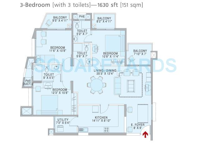 Floor plan of 3 BHK 1630 Sq. Ft. Apartment in Brigade Metropolis, Bangalore