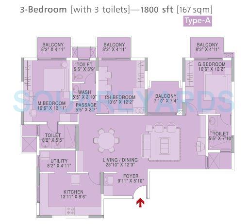 Floor plan of 3 BHK 1800 Sq. Ft. Apartment in Brigade Metropolis, Bangalore