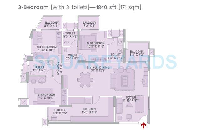 Floor plan of 3 BHK 1840 Sq. Ft. Apartment in Brigade Metropolis, Bangalore