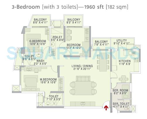 Floor plan of 3 BHK 1960 Sq. Ft. Apartment in Brigade Metropolis, Bangalore
